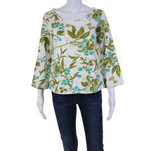 Shannon Mclean Womens Floral Print Round Neck Long Sleeve Top White Size M